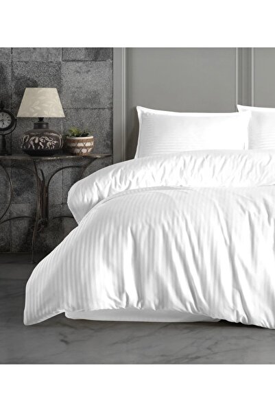 calinahome طقم غطاء لحاف فندقي أبيض من القطن والساتان ذو خطوط مزدوجة