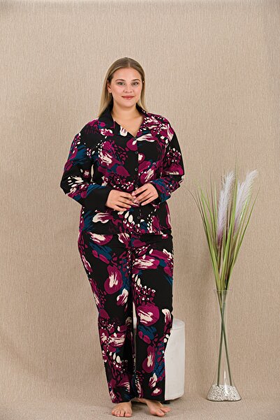 lidofya Buttoned Belmando Viscose Multi-Colored Plus Size Pajama Set