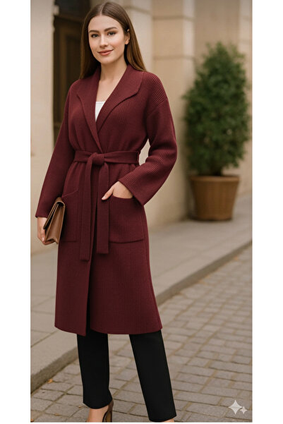 K-ODEA BUTİK Comfortable Fit Bordo Women's Knitwear Jacket with Tie