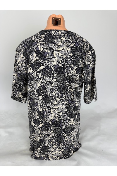 YAŞAR TRİKO Women's Blue U-Neck Short Sleeve Floral Pattern Slit Woven Viscose Mother Combed Cotton T-Shirt