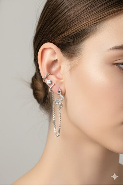 Dorvina طقم أقراط نسائية من النحاس بتصميم ثعبان فضي اللون مكون من 3 قطع لا يسود الغضروف |   مجوهرات أنيقة ومتينة