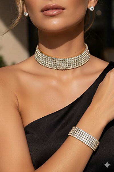 CAŞ DEKORASYON Gold Color Stone Necklace Earrings and Bracelet Set