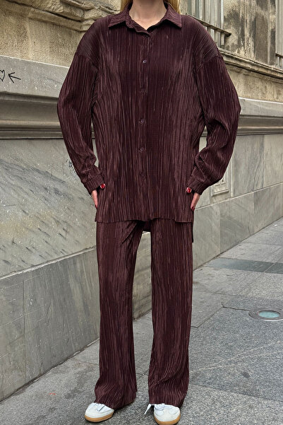 bacc Brown Shirt and Palazzo Pants Pleated Fabric Woven Bottom Top Set Bcvl-25V236