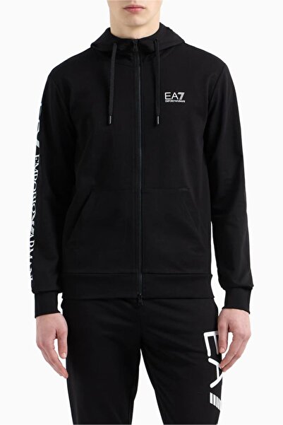 EA7 Erkek Kapüşonlu Tam Kalıp Logo Baskılı Fermuarlı Sweatshirt - Siyah