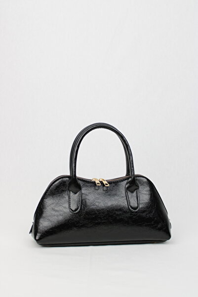 mossi Black Wrinkled Patent Leather Women's Hand and Shoulder Bag Elegant, Stylish and High-Quality