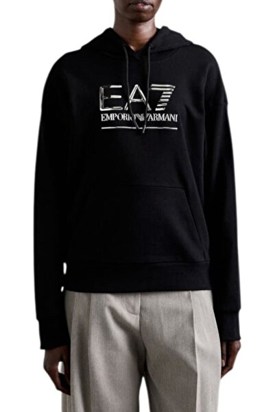 EA7 سويت شيرت نسائي بغطاء رأس بشعار كامل - أسود