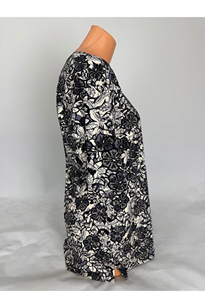 YAŞAR TRİKO Women's Blue U-Neck Short Sleeve Floral Pattern Slit Woven Viscose Mother Combed Cotton T-Shirt