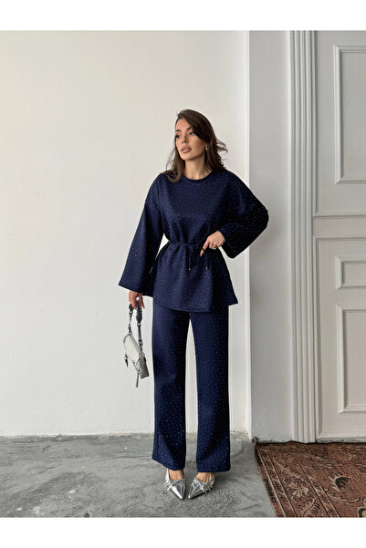 Lusin Women's Navy Blue Stone Embroidered Waist Tie Detailed Blouse Pants Bottom Top Two-Piece Set