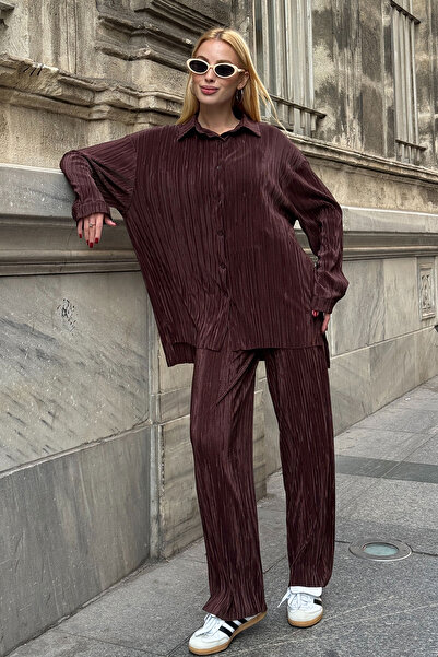 bacc Brown Shirt and Palazzo Pants Pleated Fabric Woven Bottom Top Set Bcvl-25V236