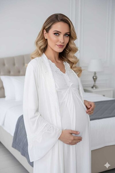 Lohussa Women's Ecru Shawl Collar Full Length Lace Detailed Short Sleeve Special Design Maternity Nightgown Nightdress Set