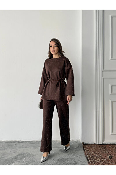 Lusin Women's Brown Stone Embroidered Waist Tie Detailed Blouse Pants Bottom Top Two-Piece Set