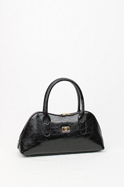 mossi Black Wrinkled Patent Leather Women's Hand and Shoulder Bag Elegant, Stylish and High-Quality