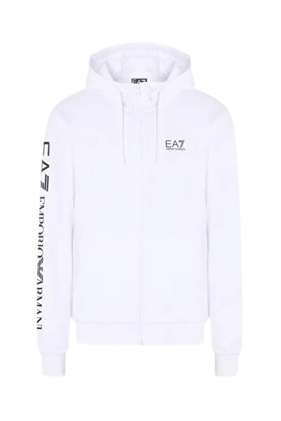 EA7 Erkek Kapüşonlu Tam Kalıp Logo Baskılı Fermuarlı Sweatshirt - Beyaz