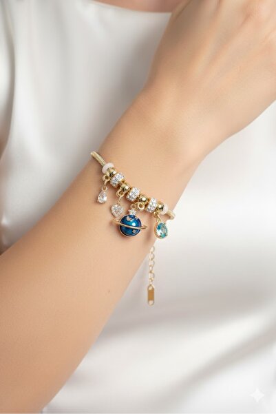 Dorvina Pirinç Kadın Bileklik Gold Renk Dünya Charmlı | Şık ve Dayanıklı Takı, Aksesuar