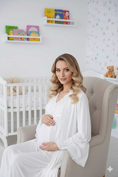 Lohussa Women's Ecru Shawl Collar Full Length Lace Detailed Short Sleeve Special Design Maternity Nightgown Nightdress Set