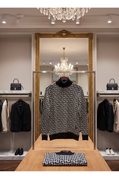 YusGos Men's Turtleneck Steel Knit High Quality Geometric Pattern Sweater