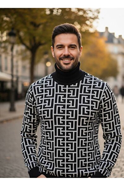 YusGos Men's Turtleneck Steel Knit High Quality Geometric Pattern Sweater