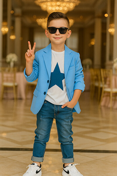 Calisa Boys' Blazer Jacket T-Shirt and Jeans Combination - Stylish Casual Style, Special Occasion Holiday Combination