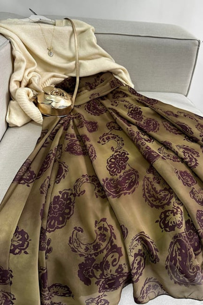 Sorridi Desenli Beli Drapeli Şifon Uzun Etek