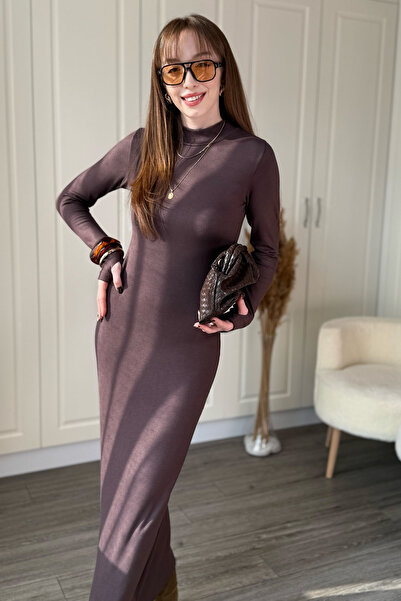 Dilay Gökoğlu Butik Mock Neck Midi Slit Brown Dress