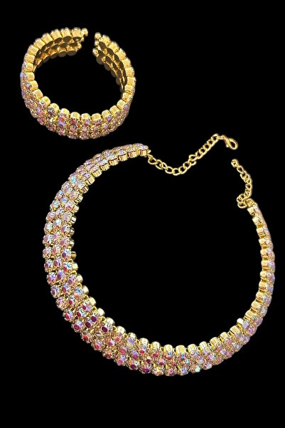 CAŞ DEKORASYON Gold Color Stone Choker Necklace and Bracelet Set