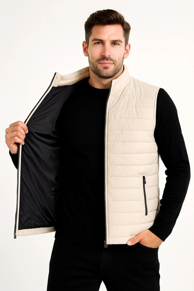 ARONA Men's Inflatable Zippered Vest Water Repellent Quilted Lined Fabric with Pockets Lightweight Winter Sports Comfortable Fit - Beige