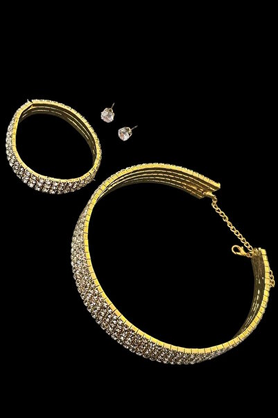 CAŞ DEKORASYON Gold Color Stone Necklace Earrings and Bracelet Set