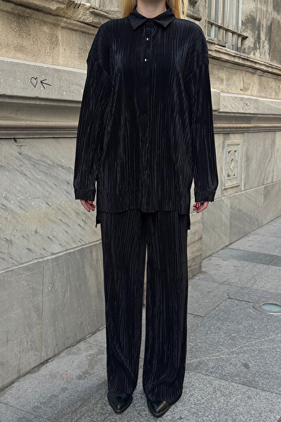bacc Black Shirt and Palazzo Pants Pleated Fabric Woven Bottom Top Set Bcvl-25V236