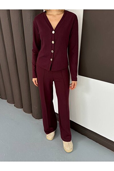 ALLEYTA Women's Buttoned V-Neck Cardigan piped Pants Set