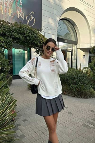 oshebu Pulover de tricotat detaliat pentru femei guler rotund