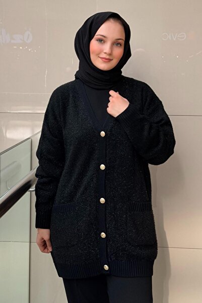 Ghisa V-Neck Front Buttoned Glitter Drawstring Knit Cardigan