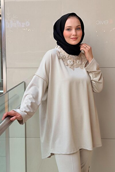 Ghisa Embossed Floral Patterned Drawstring Collar Tunic Pants Set