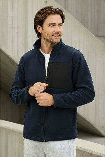 Sizce Moda Regular Fit Cold Resistant Non-Pilling Mock Neck Navy Blue Fleece Jacket