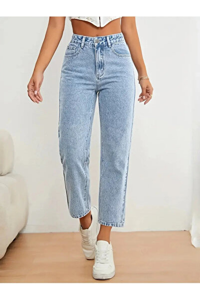 beeke Blugi pentru femei Ice Blue Snow Wash Boyfriend Mom Jean talie înaltă Pantaloni din denim