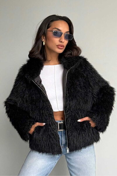 SUN STYLE Fermoar cu textura moale, negru, pentru femei, haină de blană artif...