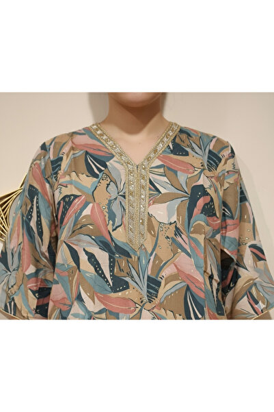 Maison Emarat Botanical Print Kaftan Maxi Dress with Embellished V-Neck