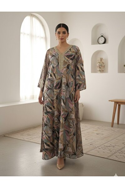 Maison Emarat Botanical Print Kaftan Maxi Dress with Embellished V-Neck