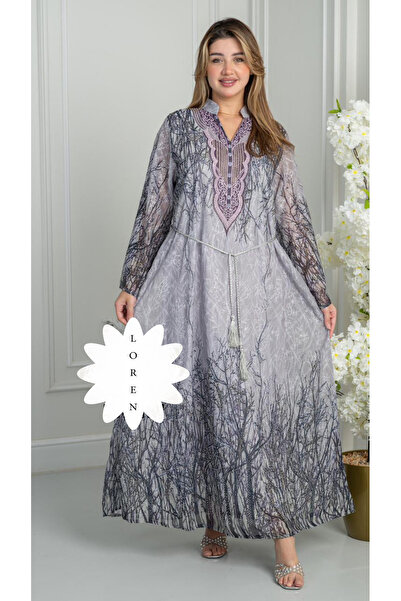 Loren Luxury satin branch jalabiya in gray with a nature pattern