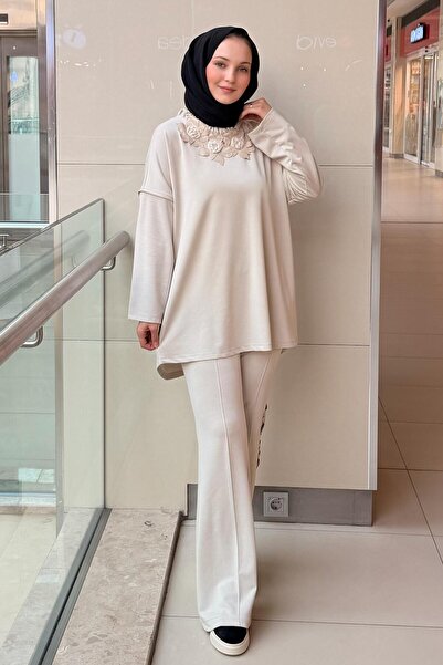 Ghisa Embossed Floral Patterned Drawstring Collar Tunic Pants Set