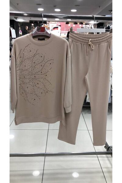 Butik Triko Görünümlü Taş Baskılı Bisiklet Yaka Tesettür Tunik Bluz