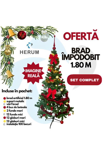 Herum Brad de Crăciun artificial, 180 cm, cu suport metalic și accesorii decorative incluse