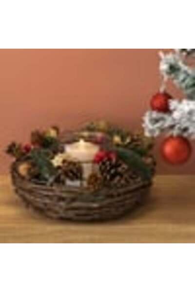 Tessari Decorative Christmas Candle Holder with Cones, Wood, Mistletoe Ø23 x 13 cm