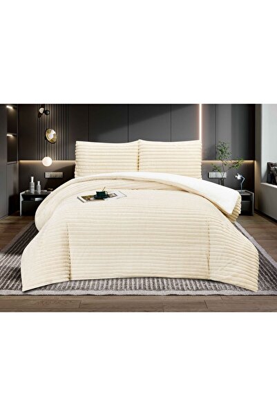 Truva Grup Pilota Cocolino cu Blăniță 200x230 cm + 2 Fețe de Pernă – Model Dungi
