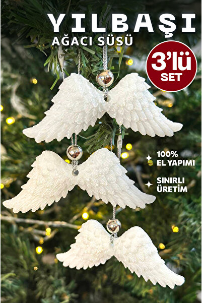 RAVVORA 3’lü El Yapımı Reçine Melek Kanadı Yılbaşı Çam Ağacı Süsü, Hediye | Beyaz