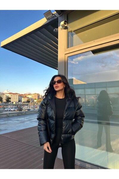 buqre's moda Hooded Crop Short Puffer Leather Coat