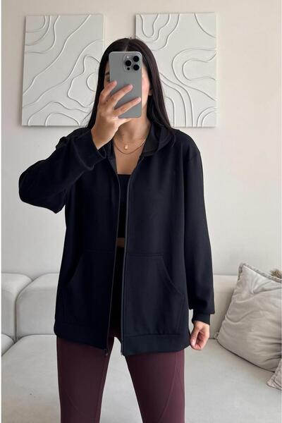 DEEP BEACH Μαύρο γυναικείο φούτερ και μπλουζάκι με κουκούλα με φερμουάρ, μακρυμάνικο, χαλαρή εφαρμογή, από ύφασμα SOO Modal