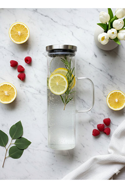 Lavin Borosilikat Cam Sürahi-Metal Kapaklı Isıya Dayanıklı Cam Sürahi-1150 ml