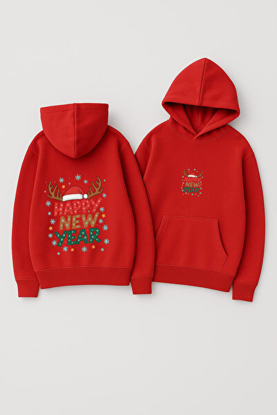 CLASSY.MODA Unisex Hooded Oversized Printed Sweatshirt – Happy New Year with Reindeer Antlers and New Year's Writing