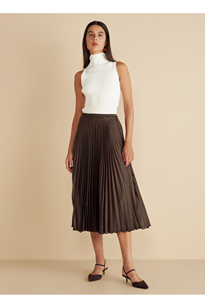 BROOKS BROTHERS Normal Bel Koyu Kahve Kadın Midi Etek Beli Lastikli Pliseli Etek