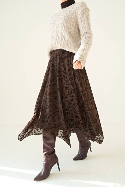 D'RECCY Women's Double Layered Printed Asymmetric Tulle Long Skirt